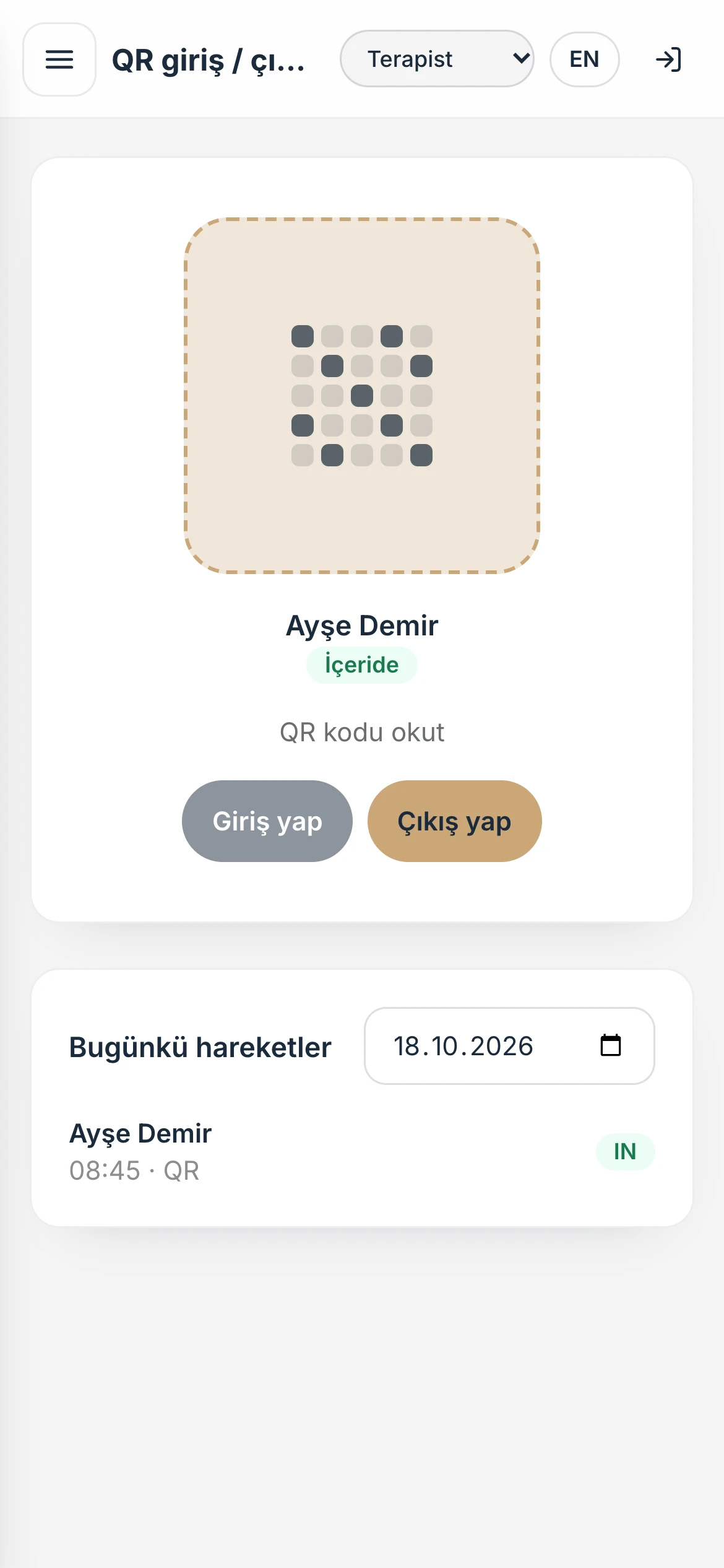 Telefondan QR ile giriş-çıkış ekranı