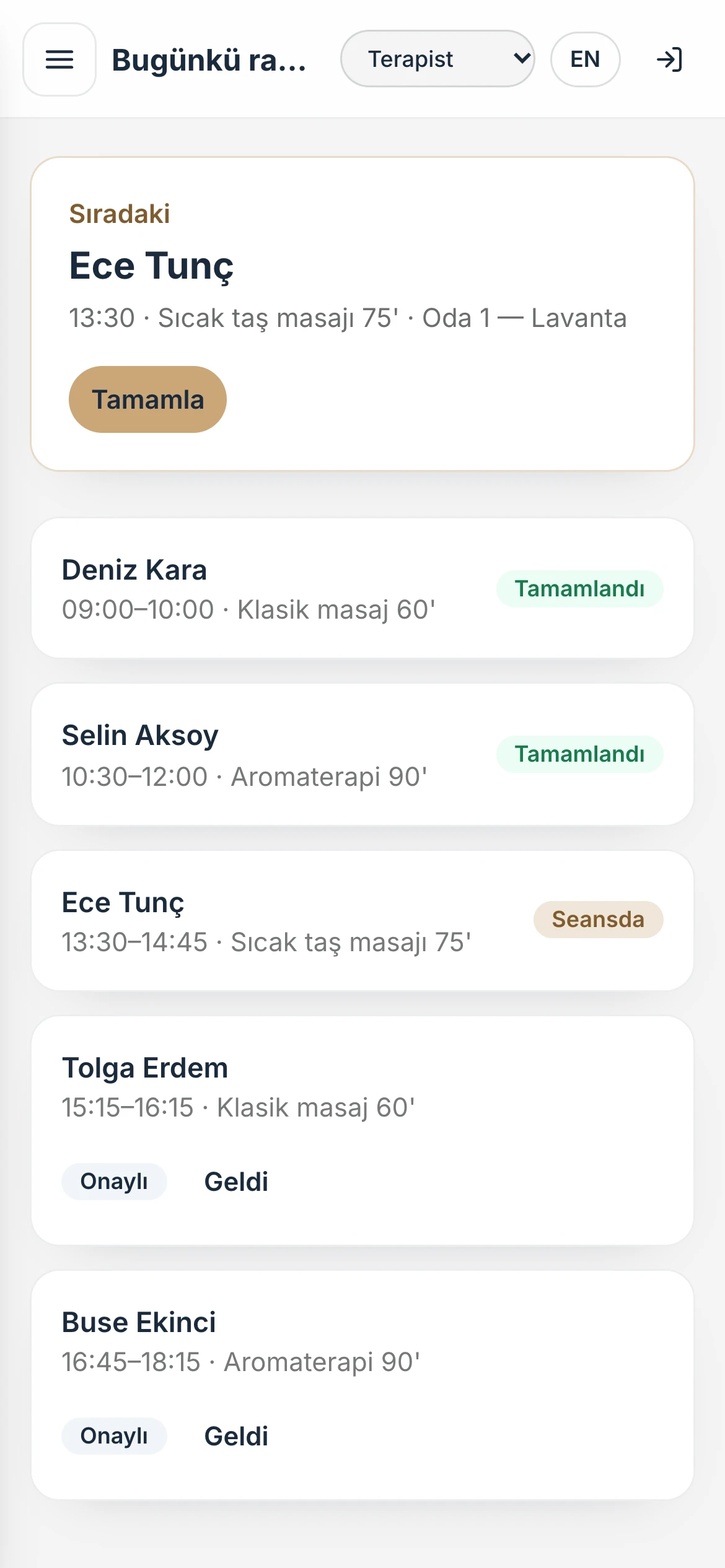 Terapistin telefonundaki günlük randevu ekranı